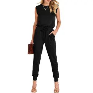 ANRABESS Women’s Summer Crewneck Sleeveless Casual Loose Stretchy Jumpsuits Rompers with Pockets Woman Long Pants Overalls