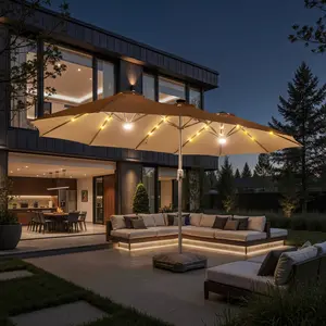 【Mother's Day Sale】Ovios 15ft Double-Sided Patio Solar Lights Umbrella with Base, Outdoor Large Umbrellas with Crank Handle, 36 LED Lights & Dual Main Light, Rectangular Market Umbrella with Coffee Table Optional for Deck Pool Shade