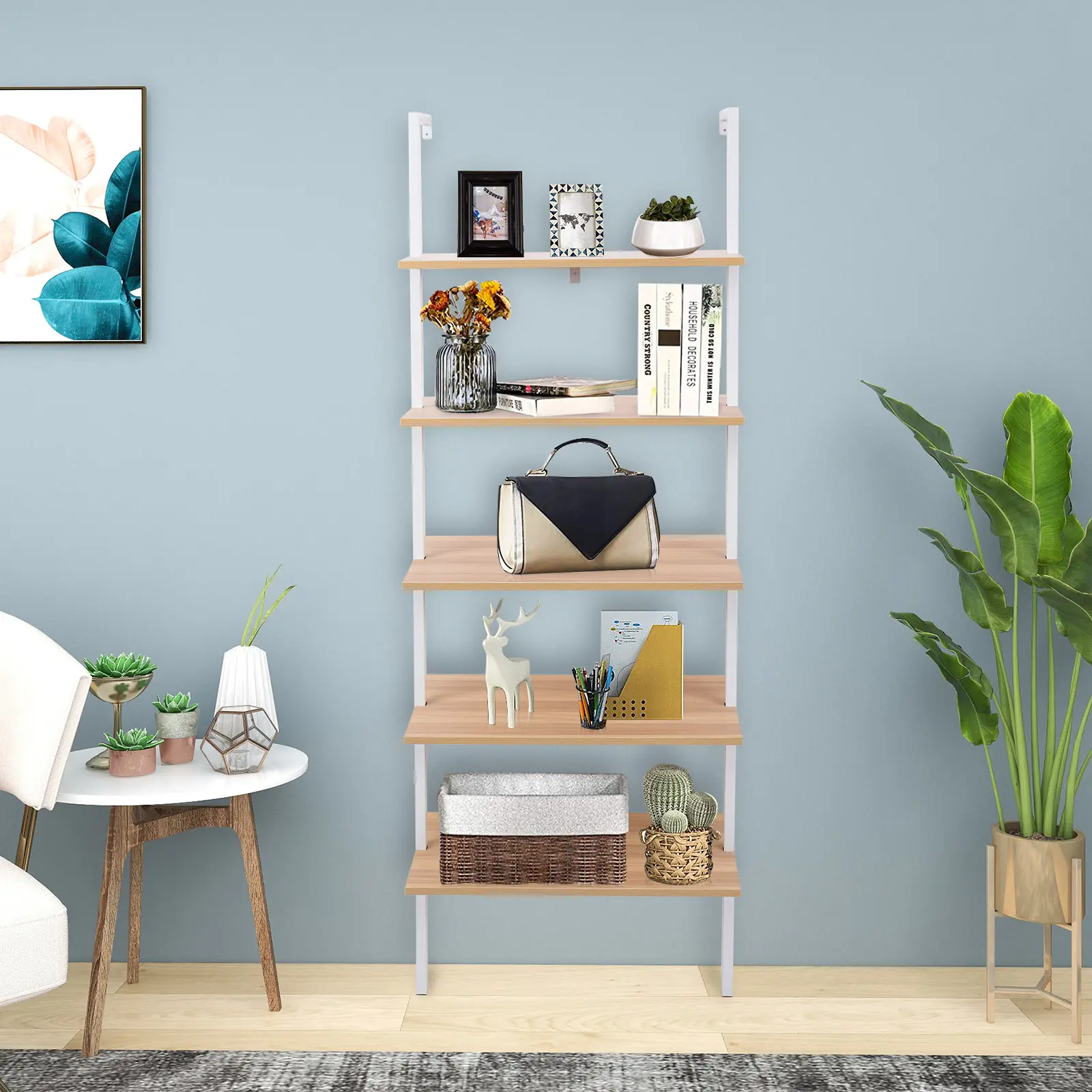 Karl Home 5-Shelf Wood Ladder Bookcase with Metal Frame - Industrial Modern Space Saving Furniture for Bedroom, Small Room Ideas, Office Inspo, Study Setup, Industrial-Chic Design, Living Room