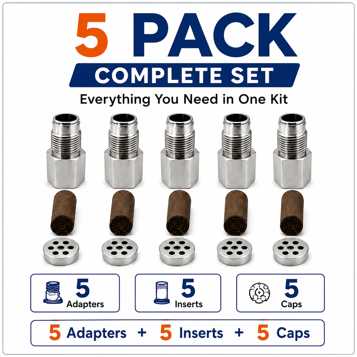 5-Pack M18 x 1.5 Stainless Steel Threaded Adapter Kit with Filter Inserts & Caps, Precision Metal Fittings for Compatible Fluid Systems, Industrial Equipment and Maintenance Use