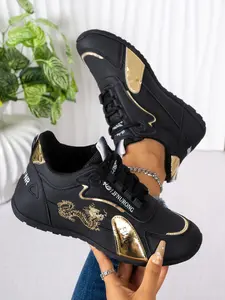 New Gold Dragon Embroidered Colorblock Casual Sneakers, Trendy Walking Sneaker, Soft Sole Comfortable Dad Shoes, Lightweight Breathable Women's Fashion Shoes