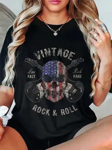 100% Cotton American Flag Guitar Vintage Rock and Roll Skull Guitarist T-Shirt