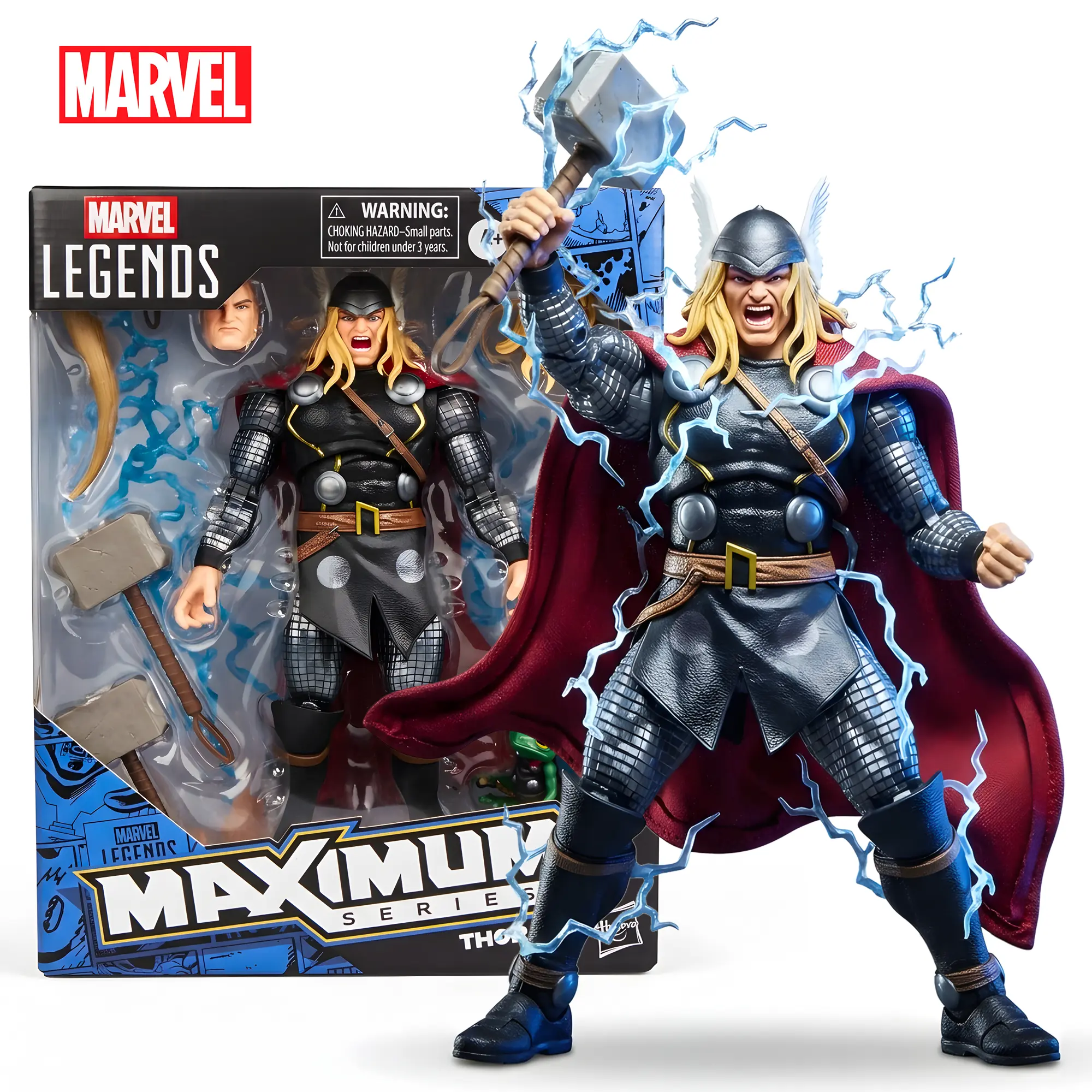 Marvel Thor 6-Inch Premium Action Figure Model, Jointed Articulating Collectible Figurines with Mjolnir, Throg, Lightning Effects, Wired Fabric Cape