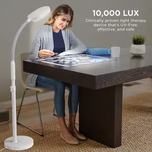 Verilux HappyLight Duo Floor Lamp 2-in-1 Therapy and Task Light White: Adjustable Intensity, 360° Gooseneck, No Assembly Required