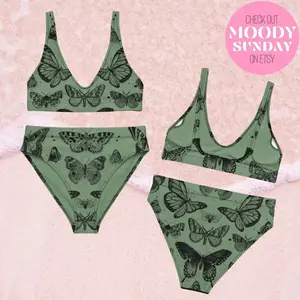 Women Sage Green Butterfly Moth Botanical Bikini Set Vintage Dark Academia Loose Comfy High Waist Swimwear Beach Pool Summer Festival Vacation Swimsuit