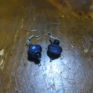 Blue glitter bead dangle earrings.