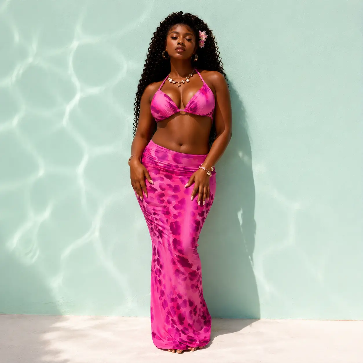 Women's Abstract Spot Print Bikini Top and Skirt Set - Bright Pink & Deep Magenta Print, Halter Triangle Swim Top with Open Back Tie, Matching Maxi Skirt Cover Up, Bright Resort Look for Beach Poolside