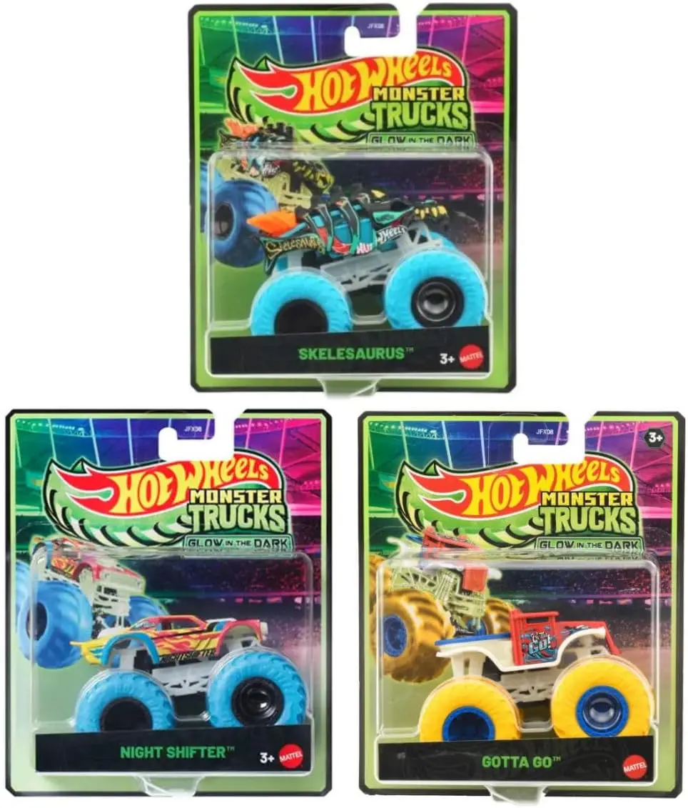Hot Wheels Monster Trucks Glow in The Dark Collection, Skelesaurus Night Shifter Gotta Go, Die-Cast Vehicle Set, Ages 3+ JFX08