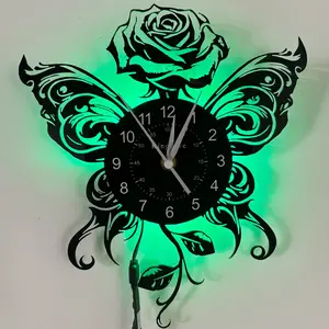 Butterfly and Rose Vinyl Wall Clock, Creative Artwork Decoration, Vintage Silent Design, Suitable for Bedroom Kitchen Farmhouse Dining Room, Creative Decorative Clock