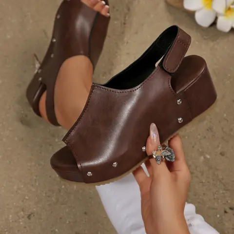 Women's Summer New Chunky High Heel High Heeled Wedge Heels Sandals, Open Toe Footwear, Open Toe Backless Design, PU Leather & Rubber Sole, Casual Style Slip-On Shoes