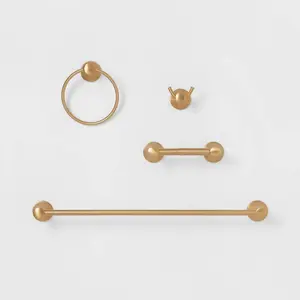 Threshold 4-Piece Golden Brass Bathroom Hardware Set Towel Bar Robe Hook Tissue