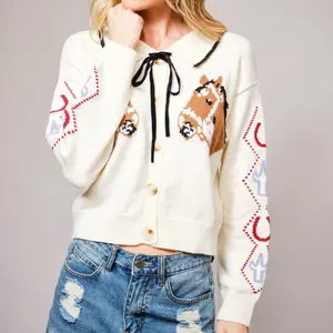Western Horse Bow-Tie Knit Cardigan with Embroidered Details and Drawstring Neckline for Women Cozy Comfortable Knit Material