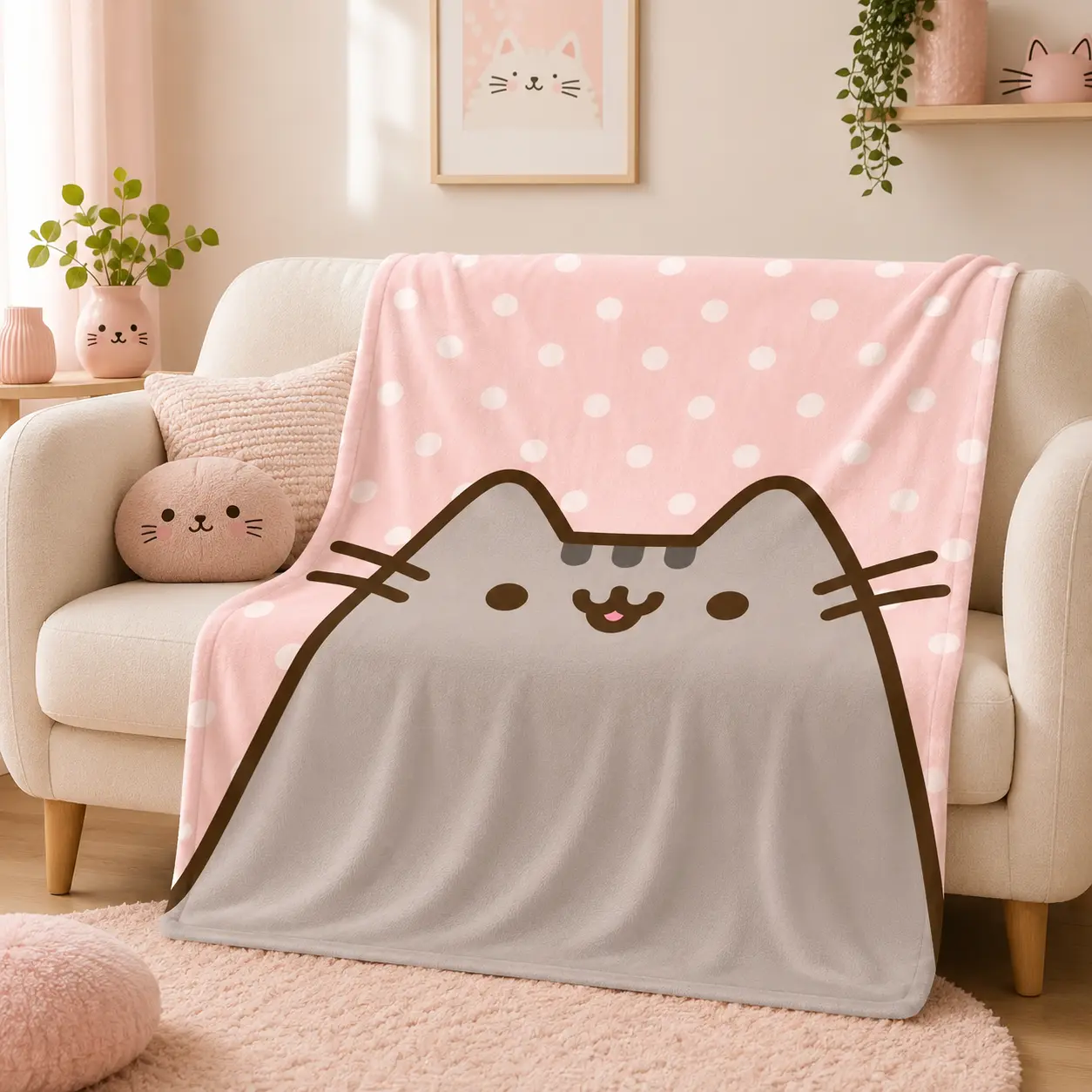 Pusheen Cat Flannel Plush Blanket - Ultra Soft, Edge Stitched, Kawaii Look, Easy Washing, Home & Travel Portable Throw for Living Room Snuggle Nights & Office Naps