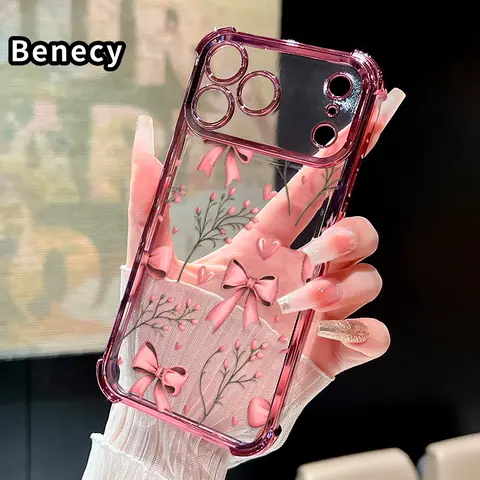 Transparent Soft Full Coverage Drop-Proof Cellphone Casing & Protector for iPhone Series (17 Pro Max,16,15 Plus,14,13,12,11,SE) - Bow & Bloom Pattern, 4-Corner Shock Helps Soften Drops Accessories