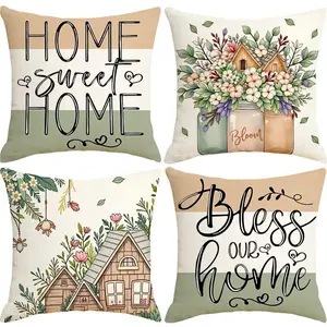 4pcs Floral Polyester Pillow Covers, High-Definition Print, Home Decor, Car, Living Room, Bedroom, Sofa, Gift Ideas, 17.7x17.7 Inches, Home Textile