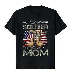 [Made In USA 100% Cotton] Patriotic Mom T-Shirt, “My Favorite Soldier Calls Me Mom” Shirt, American Flag & Combat Boots Graphic Tee, Proud Military Mom Shirt, Support Our Troops Apparel for Women