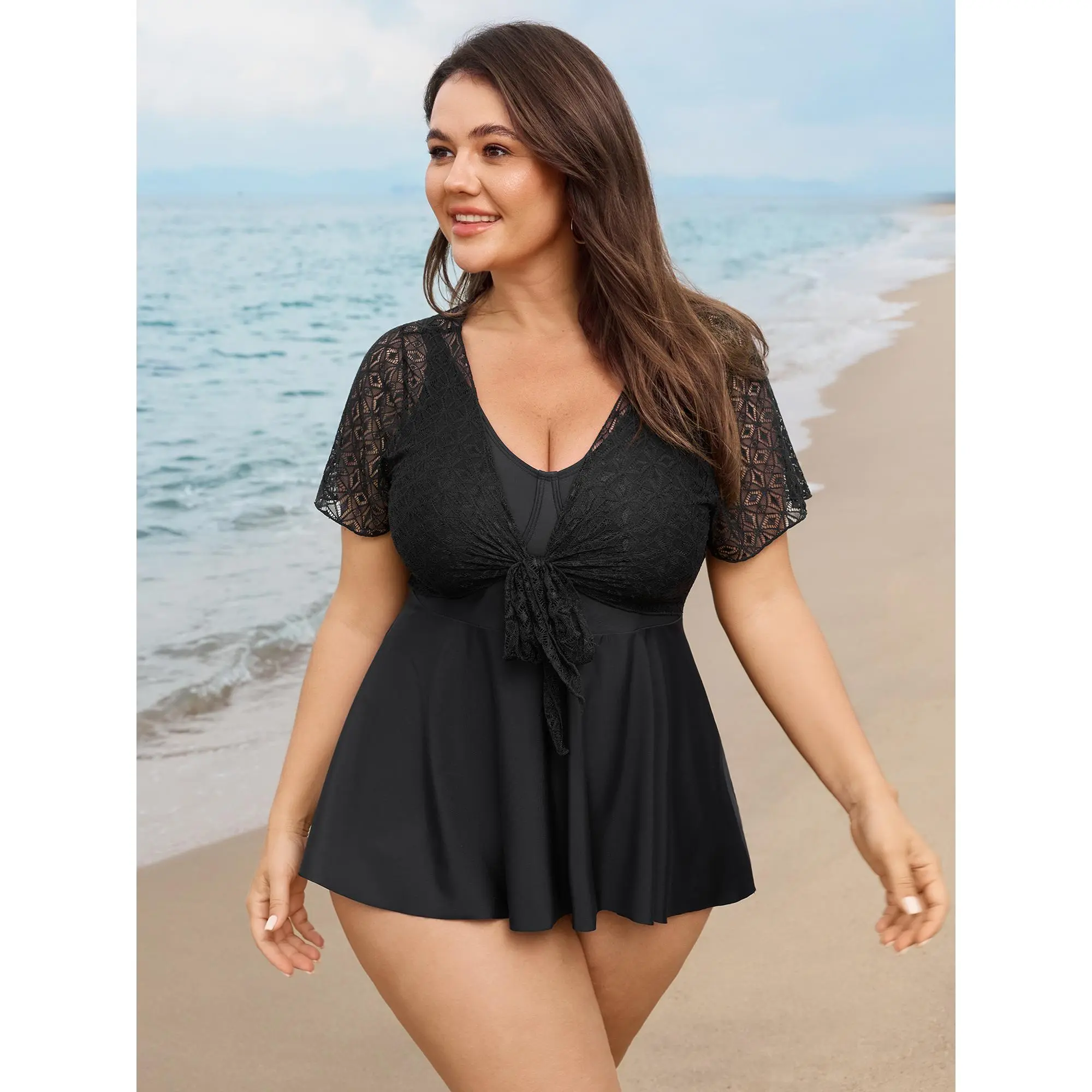 Plus Size Solid Tankini Swimsuit,Fit-and-Flare Top with Sheer Flutter Sleeves and Bow Detail,2-Piece Padded Swimwear,Tankini Swimwear,Solid Tankini Set,Summerfinds