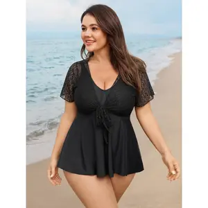 BLOOMCHIC Plus Size Sheer Sleeves Fit And Flare Swim Top [M-6X]2026 Summer Vibes Swimweek