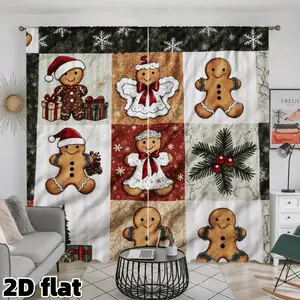 2D Flat 2Pcs Christmas Gingerbread Pattern Curtains, Holiday Snowflake Design, Semi Sunshade Rod Pocket Style, Festive Winter Theme, Perfect for Living Room Bedroom Kitchen Window Decor, Holiday Gift Window Treatment