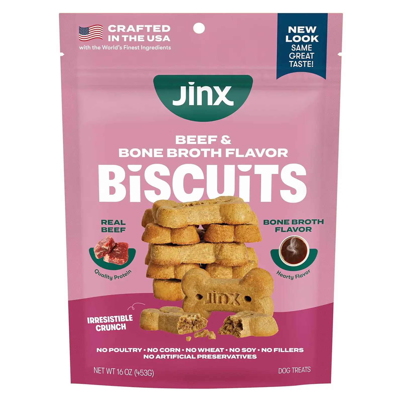Jinx Dog Biscuits, Oven-Baked Dog Treats with Beef Bone Broth, 16oz 1-Pack Crunchy & Healthy Dog Treat, Superfood-Rich with Real Grass Fed Beef, Dog Cookies for Puppies, Adults & Senior Dogs