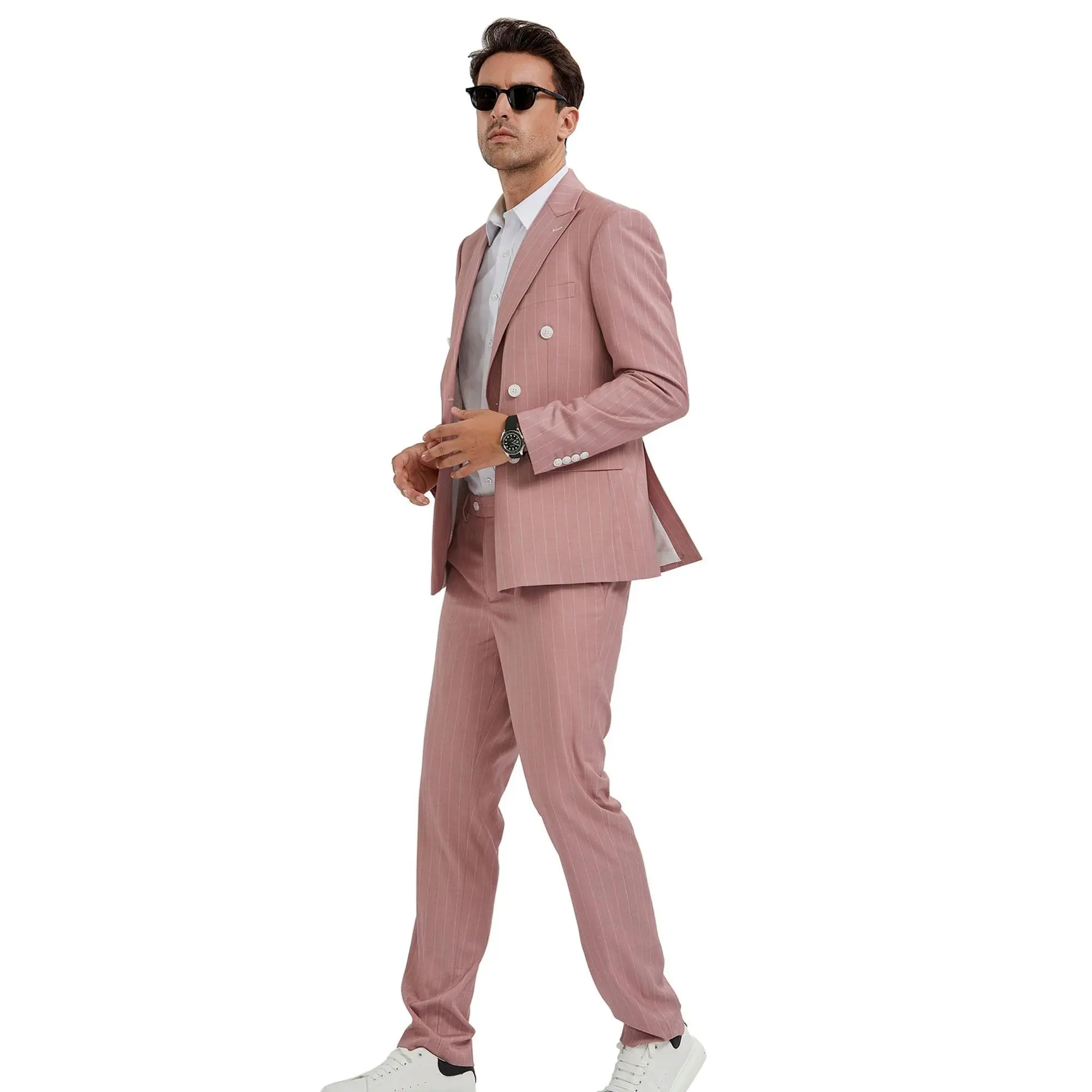 2-Piece Slim Fit Double Breasted Pin Stripe Suit - Pink