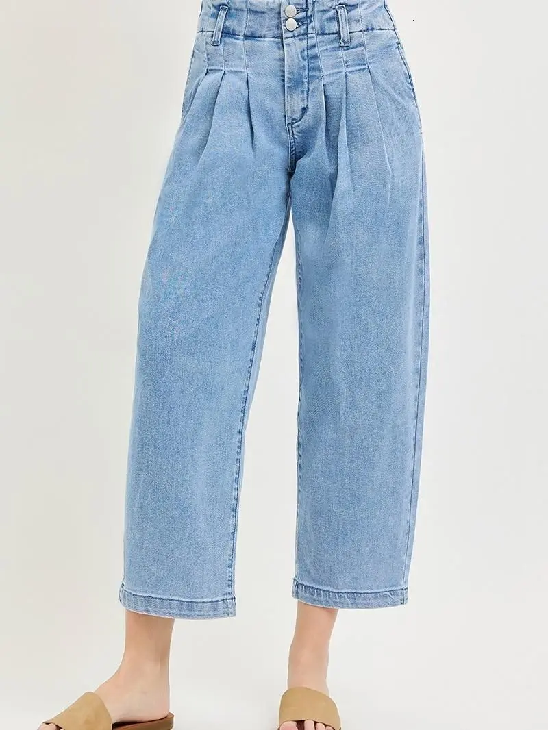 RISEN Slouchy Crop Barrel Pleated Jeans