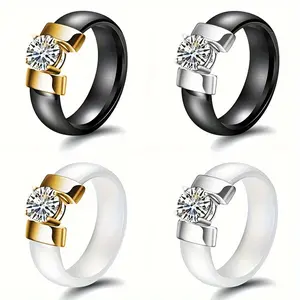 Stylish Black And White Inlaid Cubic Zirconia Ring for Men And Women, Featuring a Minimalist 7MM Ceramic Design.