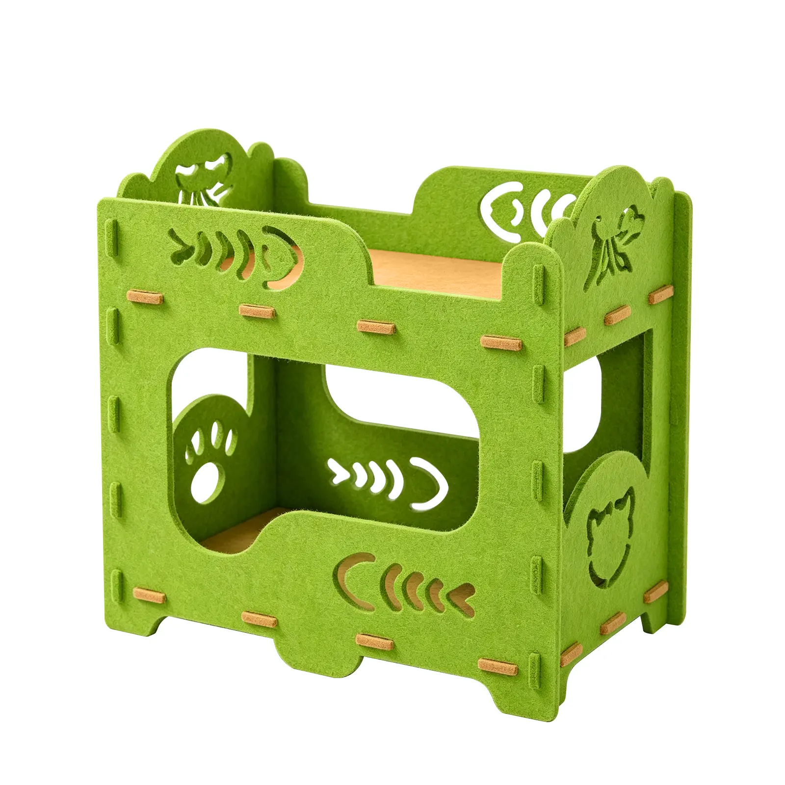 2-Tier Detachable Felt Cat Bunk Bed Villa Cute Fish Bone & Paw Cutout Design Breathable Washable Stackable Cat Condo Indoor Cozy Double Layer Pet Cat Shelter House for Kittens Adult Cats
