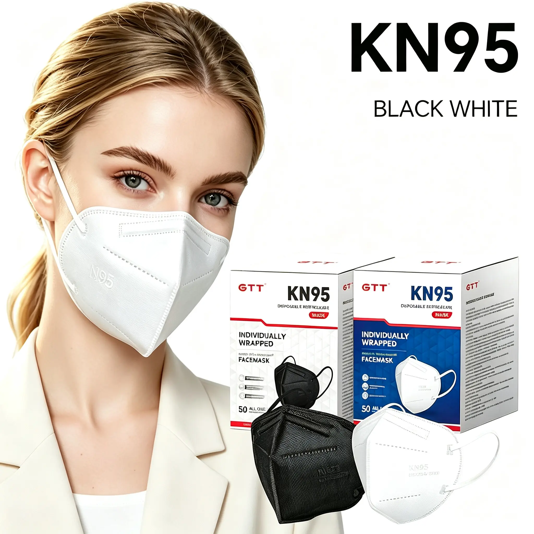 GTT KN95 Face Masks for Adults,100Pcs ,5-Ply Breathable Disposable Respirators, Individually Wrapped, Protection Against Dust, Smoke & Pollen