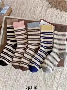 5pairs fashionable colorful striped mid tube socks are comfortable, breathable, non slip and casual socks suitable for couples' daily work and home wear