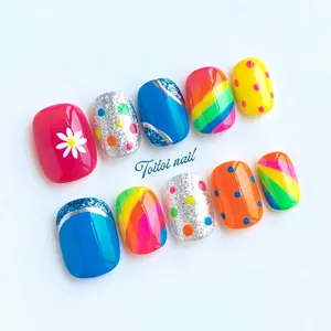Rainbow Daisy Handmade Press-On Nails | Short Squoval Shape, 10pcs Handmade | Rainbow Stripe + Polka Dot + Glitter + 3D Daisy | High Gloss Finish | Reusable DIY Nail Kit for Spring/Summer Festival/Vacation/Outing | Trendy Y2K Edgy Aesthetic Look