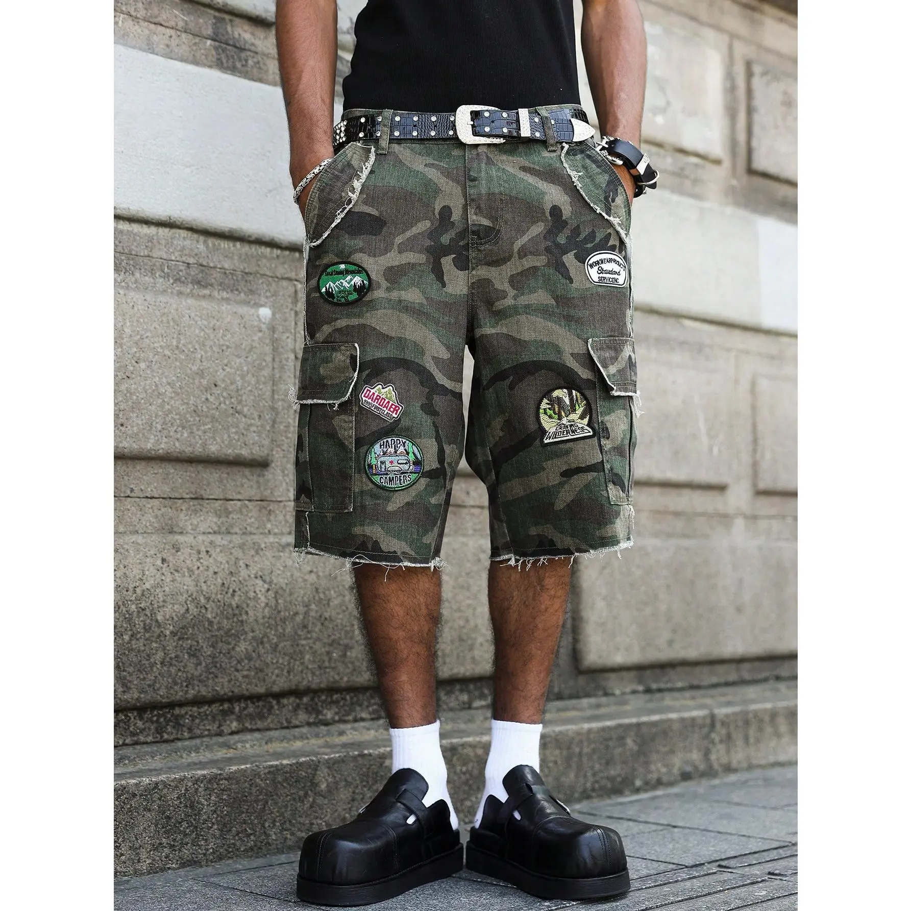 Men's Street Camo Denim Shorts - Menswear Festival Style with 9-Inch Above-Knee Inseam, Distressed Cutoffs, Raw Hem, Cargo Pockets, Belt, Casual Print, Button Closure