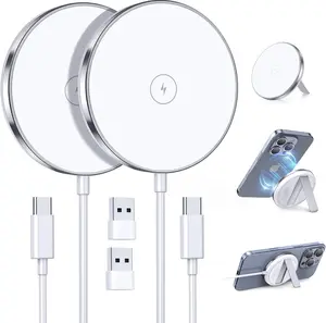 2 Pack Magnetic Wireless Charger 15W Fast Mag-Safe Charger Stand Compatible with iPhone 16/15/14/13/12 Series Wireless Charging Pad for AirPods 3/2/Pro 2/Pro White Portable Mag Safe Kickstand