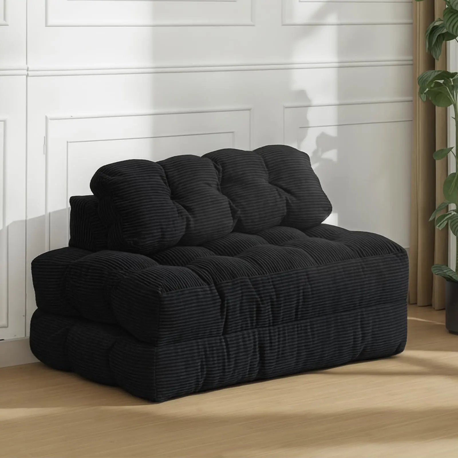 Garvee Black Corduroy Full Size Folding Sofa Bed, Convertible Sleeper Chair with Pillow, Foldable Mattress & Back Support, Easy Setup Boneless Fold-Out Floor Lounge for Living Room, Bedroom