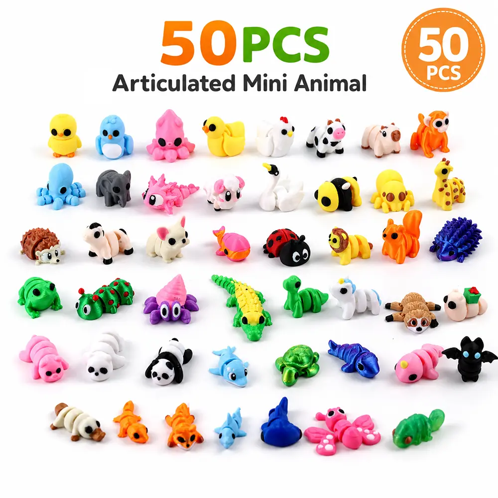 50-Piece 3D-Printed Articulated Mini Animal Figurines Set, Assorted Creatures with Transparent Storage Box for Desktop Display, Diorama Decoration