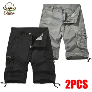 2- PCS Men's Cotton Cargo Shorts with Multi Pockets, Drawstring Hem Utility Shorts for Outdoor Work Hiking, Classic Summer Casual Shorts for Daily Wear
