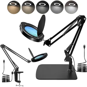 15X Magnifying Glass Desk Lamp with Clamp and Base, Real Glass Lens, 84 LEDs, 5 Color Modes Dimmable, Led Lamp Magnifier with Dust Cover, Clean Cloth, Ideal  for Seniors, Crafters, Hobbyists