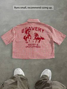 Men's Regular Fit Horse & Letter Print Short Sleeve Shirt, Casual Retro Gingham Shirt for Daily Wear, Fashion Men's Top for Summer