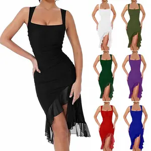 Women's Midi Bodycon Dress Summer Sleeveless Ruffle Mermaid Dress Cocktail Party Tank Dresses for Wedding Guest 2025