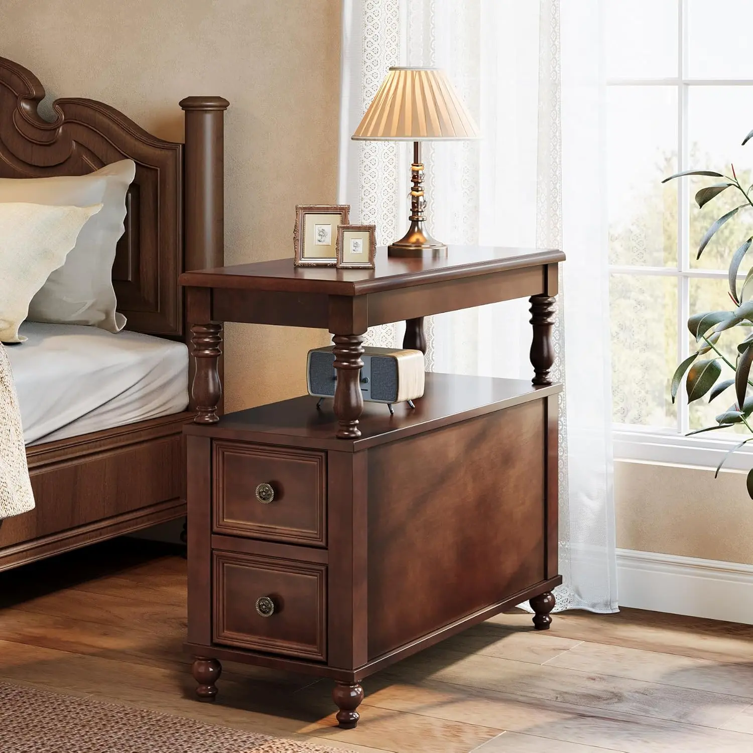 LITTLE TREE Solid Wood Nightstand with 2 Drawers, Mid-Century Modern Night Stand with Open Shelf, Vintage Bedside Table for Bedroom, Easy to Assemble