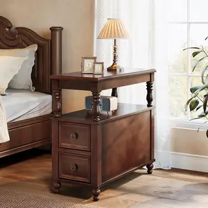 LITTLE TREE Solid Wood Nightstand with 2 Drawers, Mid-Century Modern Night Stand with Open Shelf, Vintage Bedside Table for Bedroom, Easy to Assemble