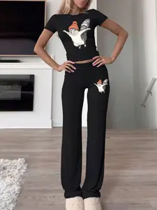 Cute Squirrel Pattern Print Summer Fashion Casual Outdoor Home Slim Fit Pattern Print Women's Short Sleeve Crop Top + Long Bell Bottom Pants Set