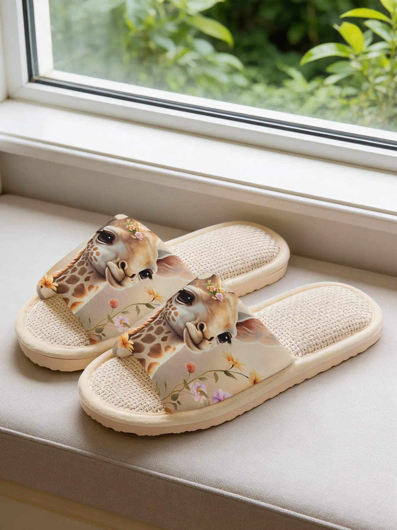 Women's Casual Floral Giraffe Print Linen Slippers, Breathable Sweat-Wicking Eva Sole, Non-Slip Quiet Home Shoes for All Seasons