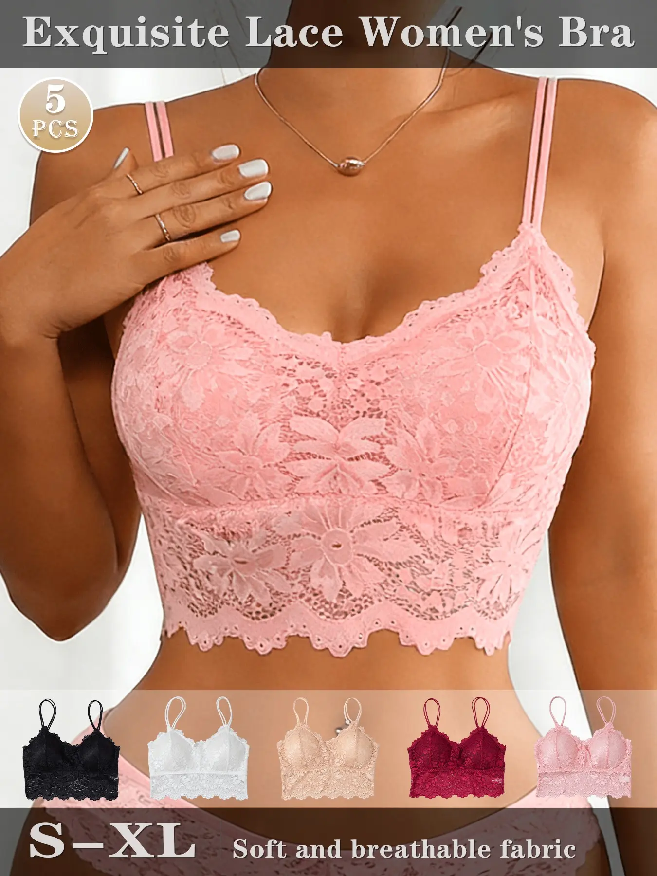 5PCS Bra & Sleepwear 2-in-1! High Stretch Elegant Floral Lace Cami, Seamless & Non-Irritating, Soft Skin-friendly Fabric, Comfortable Enough to Sleep In. Sleep Bralette