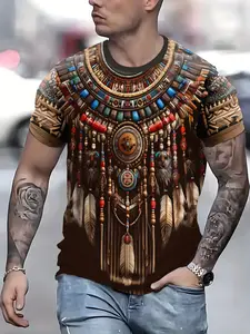 Men's Summer Casual Graphic Tee, Sporty Fitted Long Sleeve Top, Trendy Streetwear Ethnic Tribal Design, Comfortable All Season Wear