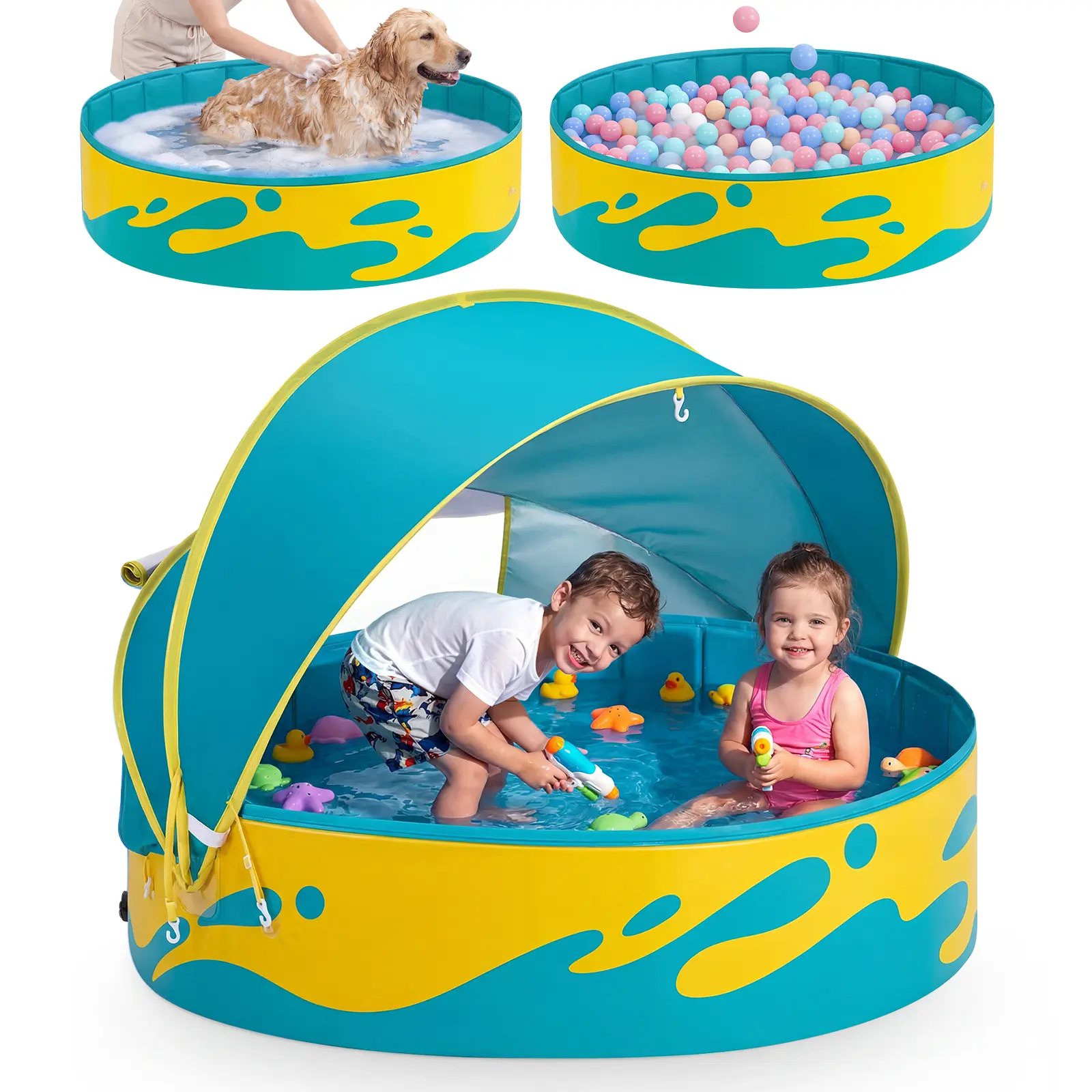 Peradix Foldable Kiddie Pool with Canopy for Baby Toddler Kids Family - Dog Kiddie Pool Summer Water Play Pool with Shade - Portable for Outdoor Backyard Beach Summervibes Quick Folding Playpen Travel Playpen swimming pool