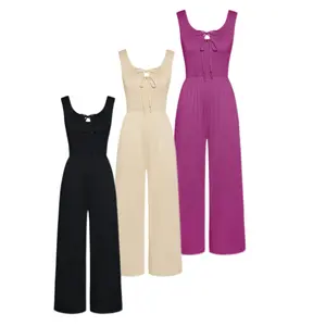 【New Arrival】GRACE KARIN Jumpsuits for Women Bow Tie Front Overalls Smocked Tops Wide Legs Casual Knitted Outfits with Pockets