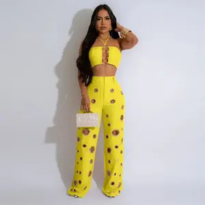 two-piece set woman Sexy Night Party 2 Piece Sets Women Outfit Clubwear Festival Clothing Halter Strapless Crop Top and Hollow Out Wide Leg Pants