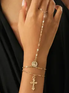 Religious Cross Pendant Bracelet Set, Cross Charm Bangle, Stackable Bracelet, High Quality Bracelet, Adjustable Finger Ring Chain Faith Wear Jewelry, Fashionable Daily Wear Accessory for Women & Men