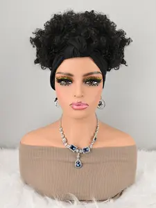 Curly Wig with Solid Headwrap, Synthetic Hair, Easy Wear Turban Style, All Seasons, Coily Hair, No Ca Prop 65